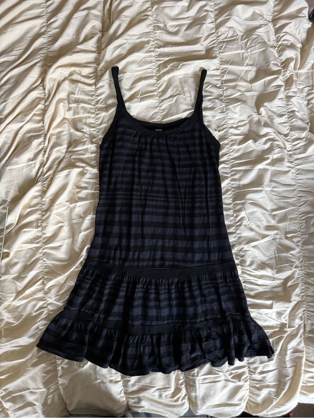 Black Striped Tiered Hem Drop Waist Mini Dress